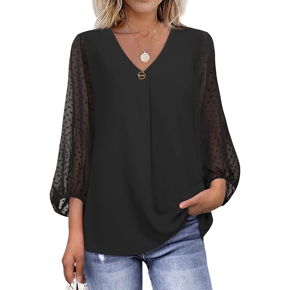 Bebonnie Womens Lantern 3/4 Sleeve Causal Loose V Neck‎ Chiffon Blouse
